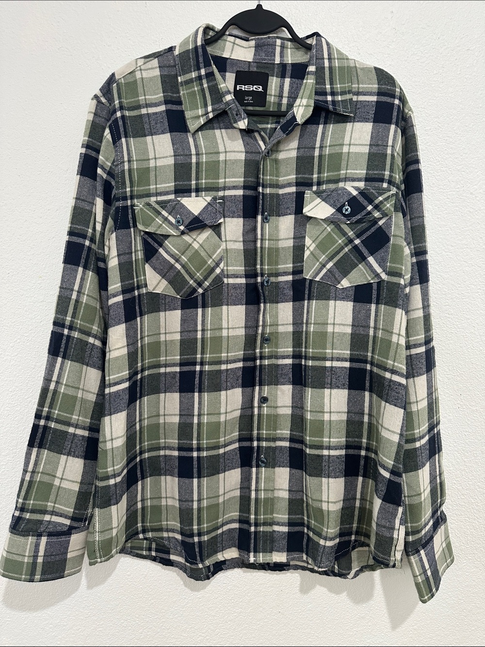 EUC! RSQ Sage Green & Navy Plaid Button-Down Flannel Shirt, Large